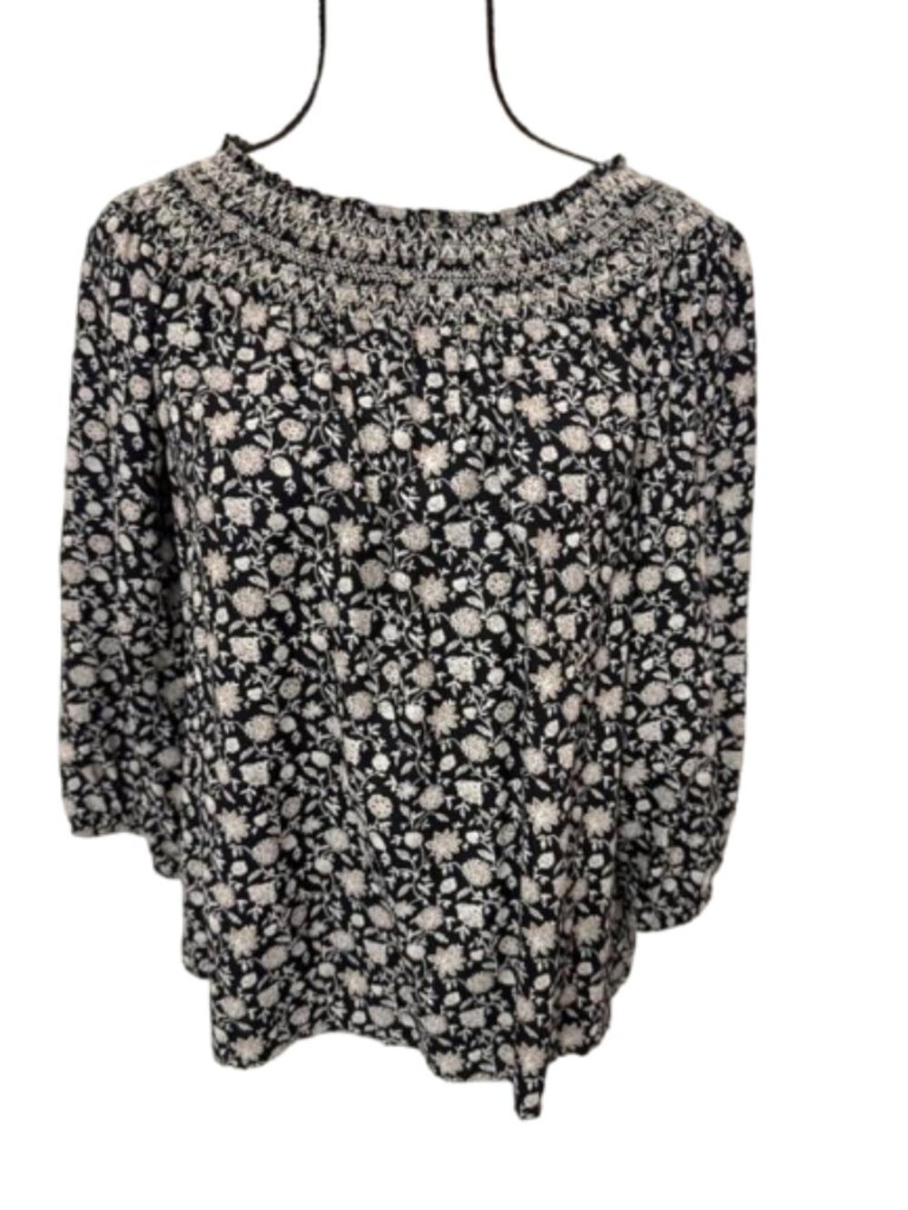 J. Jill Black & Tan Floral Smocked-Neck 3/4 Sleeve Top Size S Petite #2438